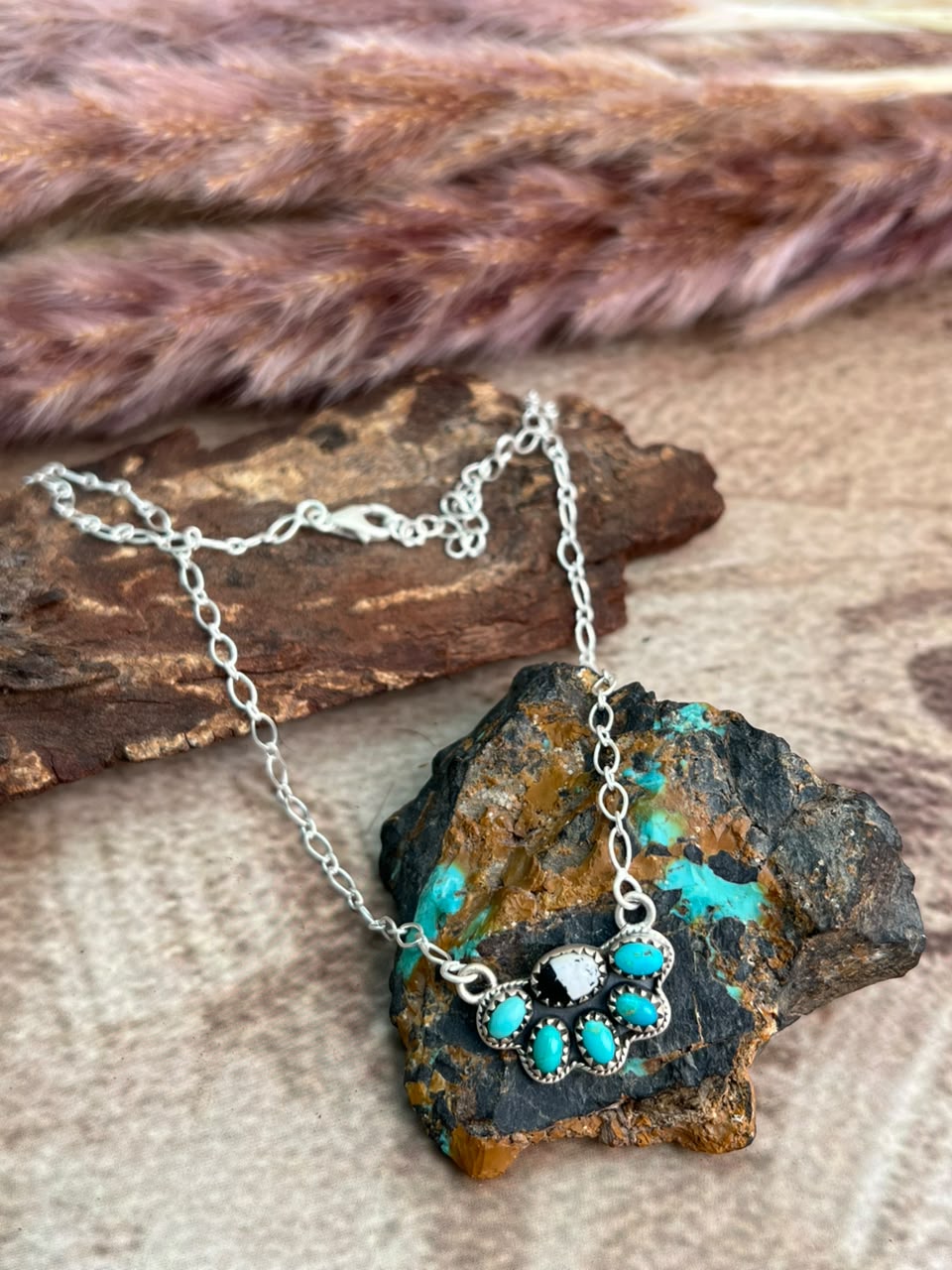 Handmade Sterling Silver Kingman Turquoise with White Buffalo Necklace Signed Nizhoni