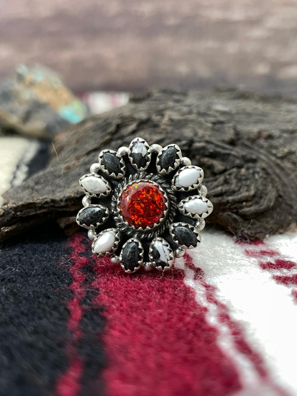 "Christmas Collection" Handmade Sterling Silver White Buffalo with Red Opal Adjustable Ring "Signed Nizhoni"
