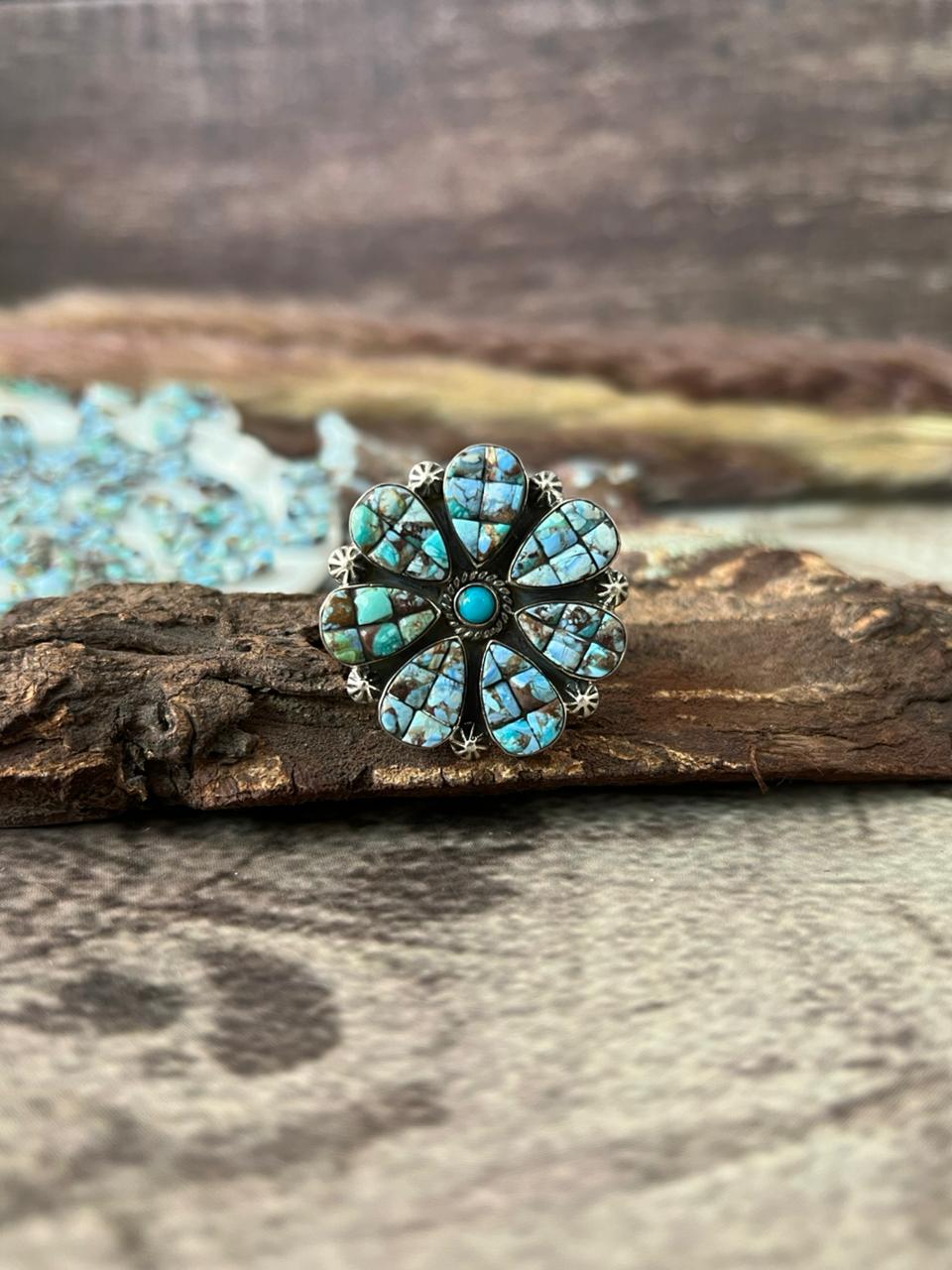 Handmade Sterling Silver 'Golden Hills Turquoise Cobble Collection' Adjustable Ring "Signed Nizhoni"