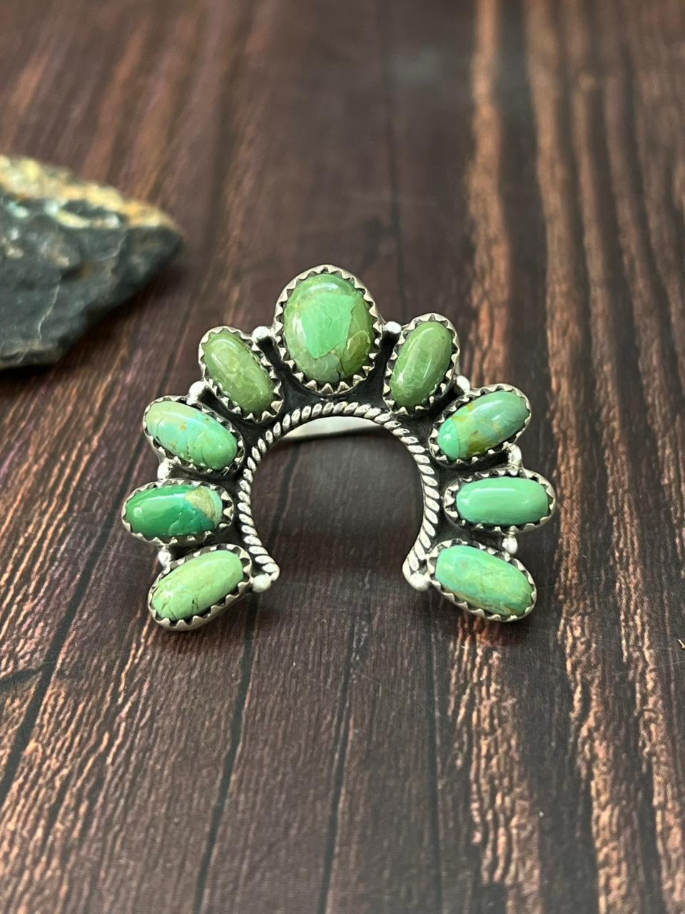 Handmade Sterling Silver Kingman Turquoise Naja Adjustable Ring "Singed Nizhoni"