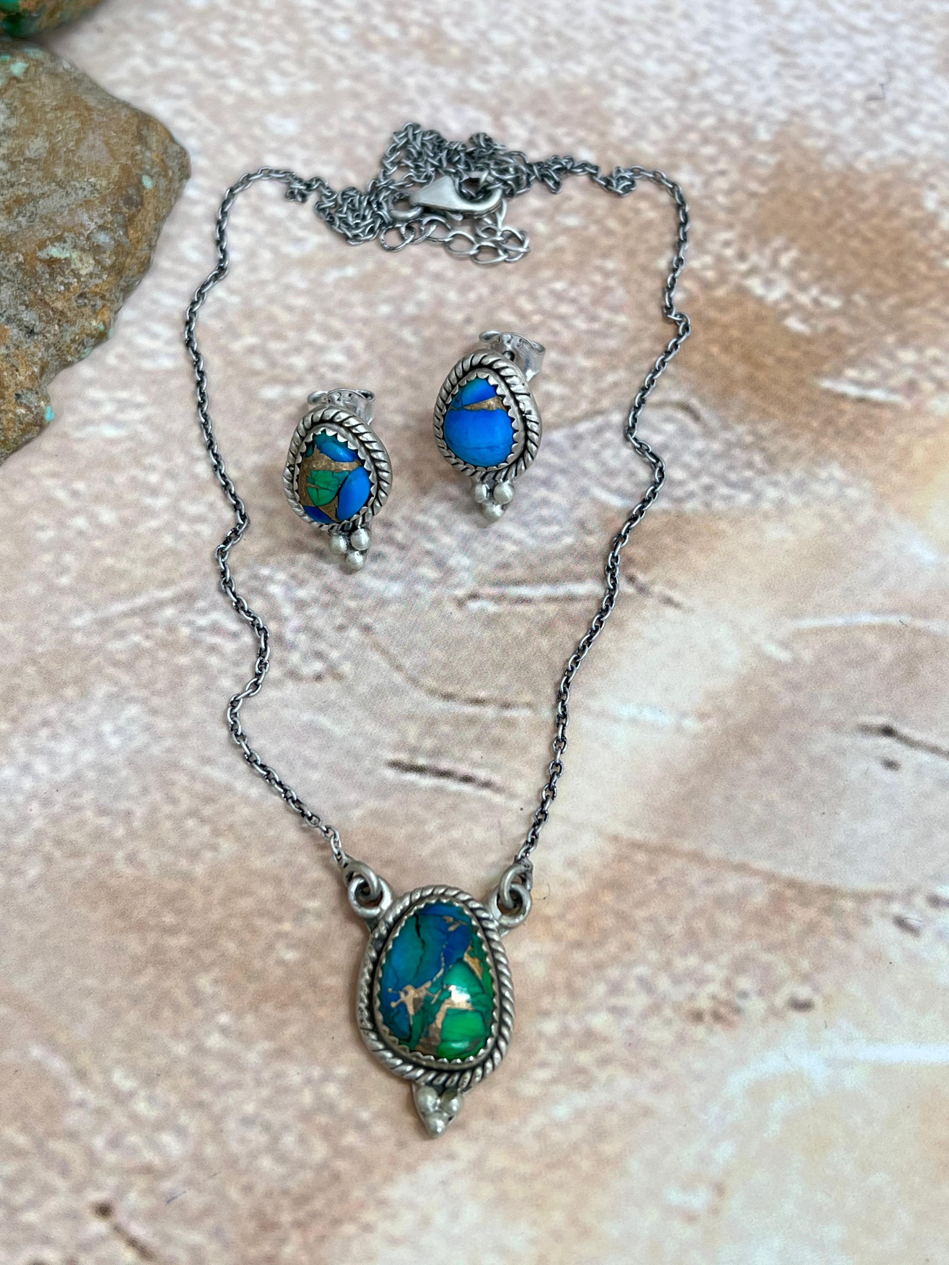 Handmade Sterling Silver Peacock Dahlia Necklace Earrings Set with Signed Nizhoni