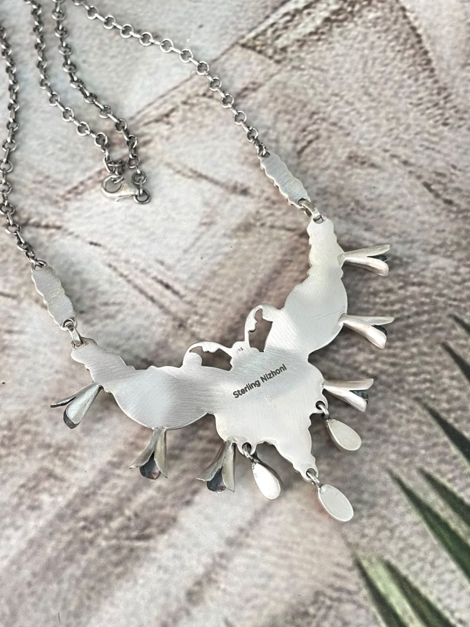 Handmade Sterling Silver Orange Mojave with Paloma Turquoise Squash Blossom Necklace Signed Nizhoni