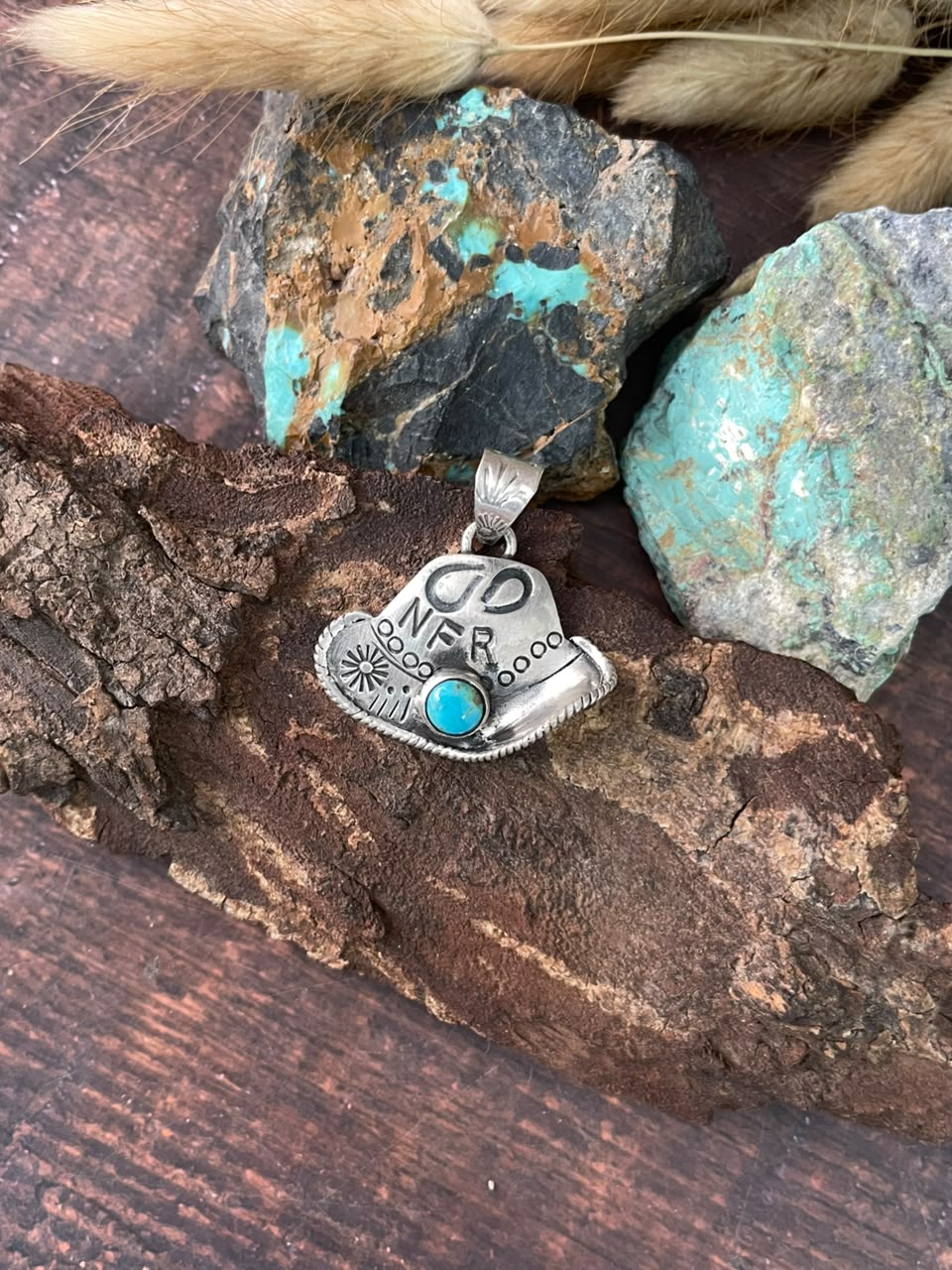 Handmade Sterling Silver Kingman Turquoise NFR Collection: Hat Pendant Signed Nizhoni