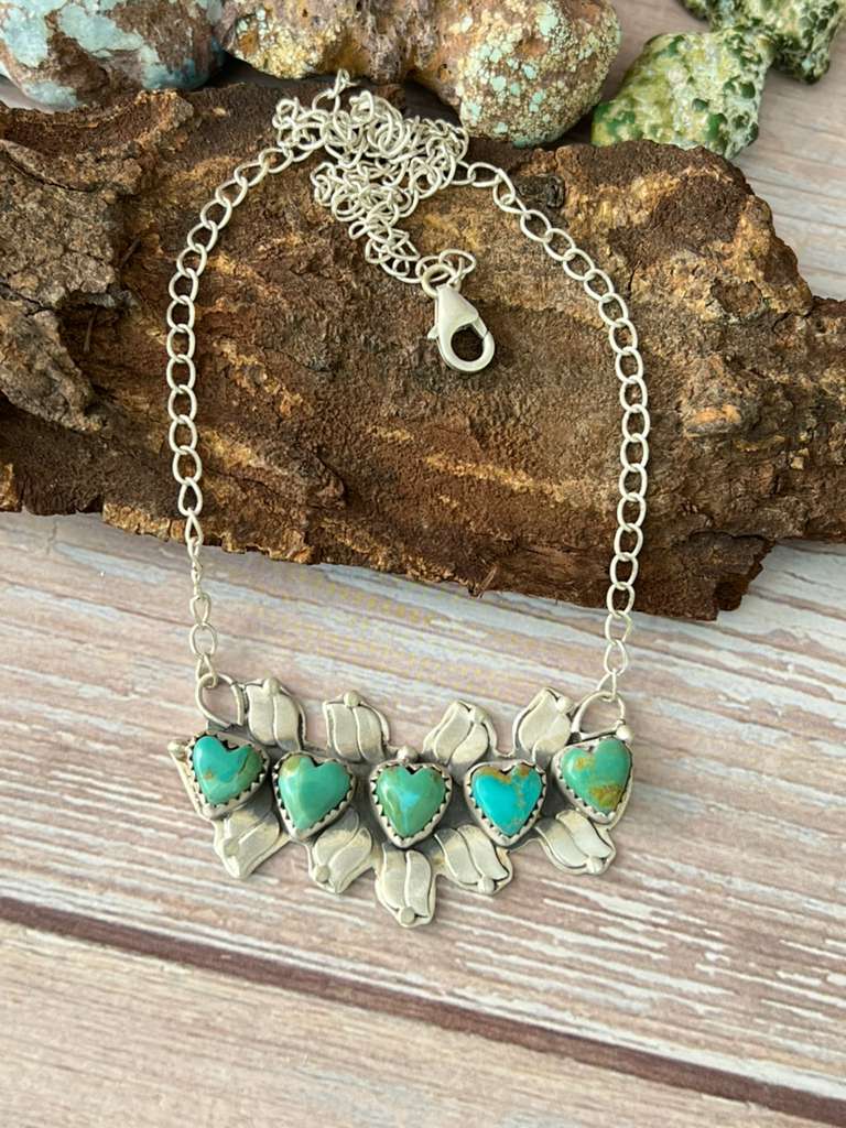 Handmade Sterling Silver Kingman Turquoise Necklace with Signed Nizhoni