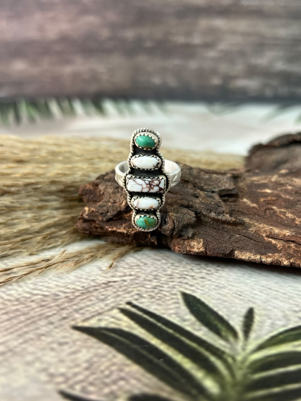 Handmade Sterling Silver Wildhorse Magnesite with Kingman Turquoise Adjustable Ring Signed Nizhoni