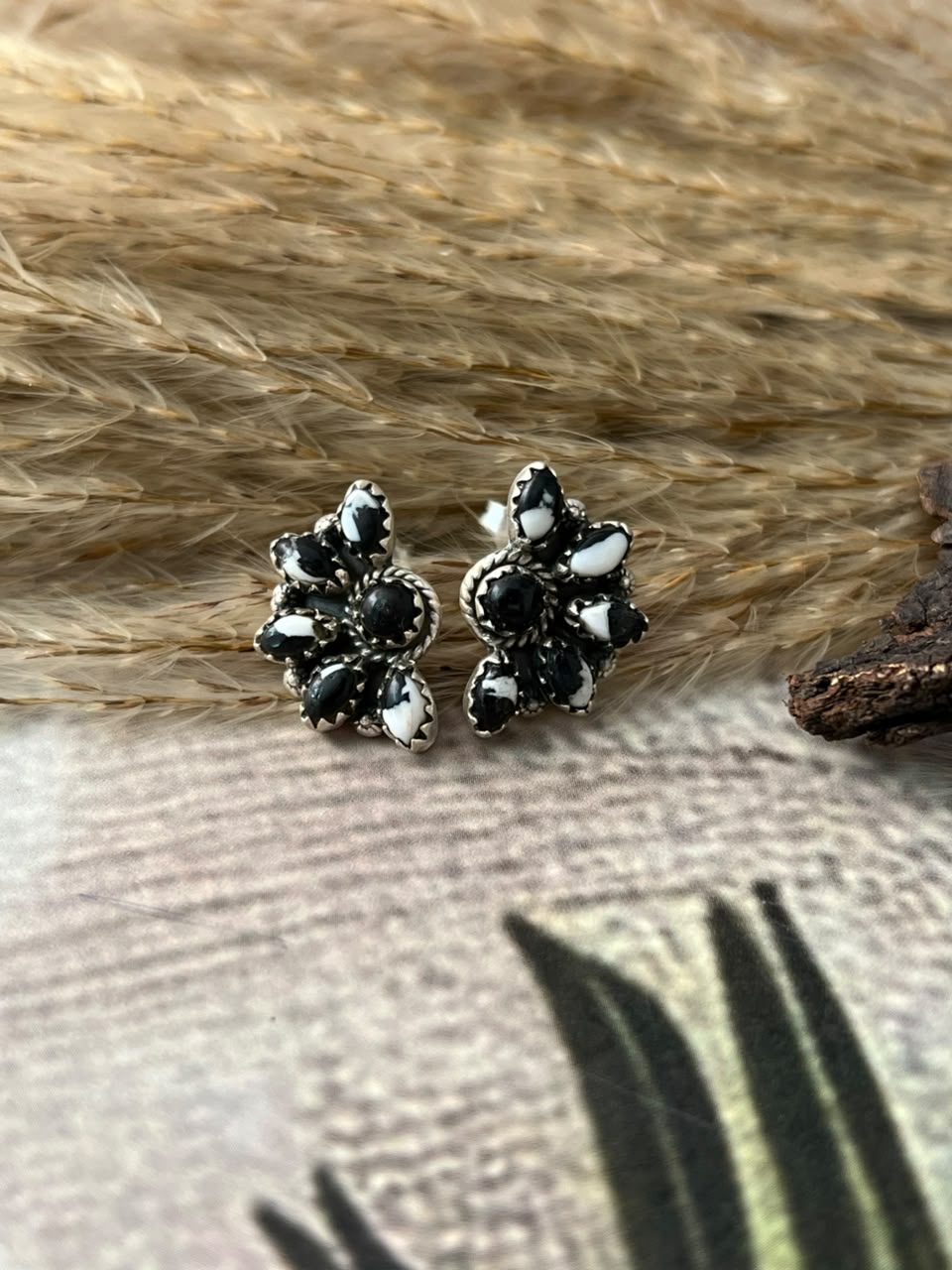 Handmade Sterling Silver White Buffalo Post Studs Earrings Signed Nizhoni