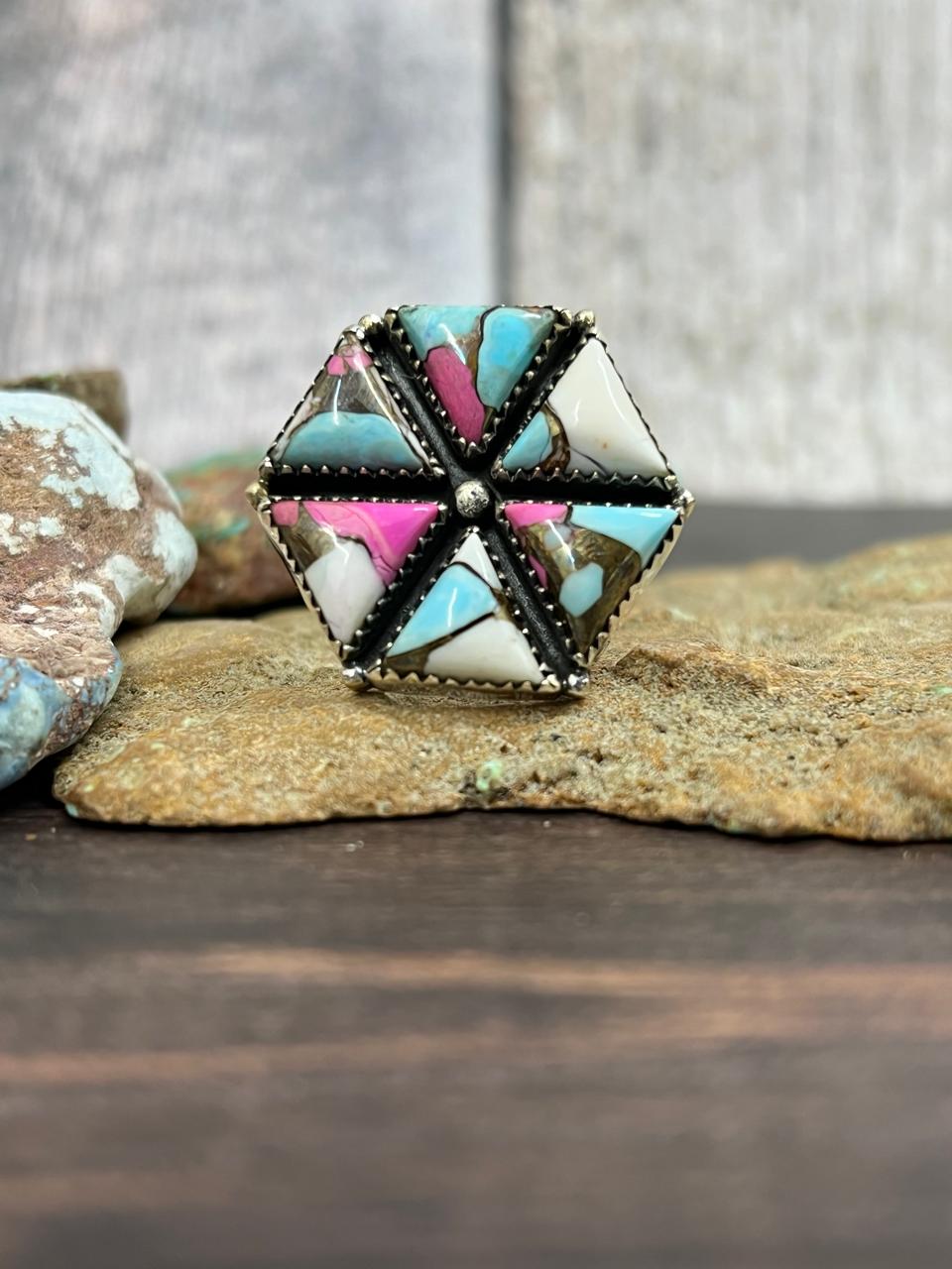 Handmade Sterling Silver Cotton Candy Turquoise Adjustable Ring with Signed Nizhoni