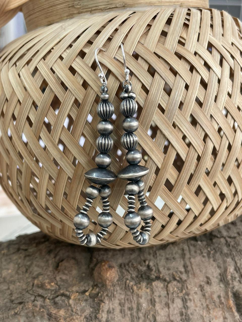 Handmade Sterling Silver Beaded Hook Dangle Earrings "Signed Nizhoni"