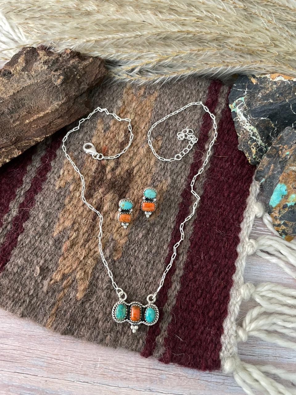Handmade Sterling Silver Orange Mojave with Kingman Necklace Earrings Set "Signed Nizhoni"