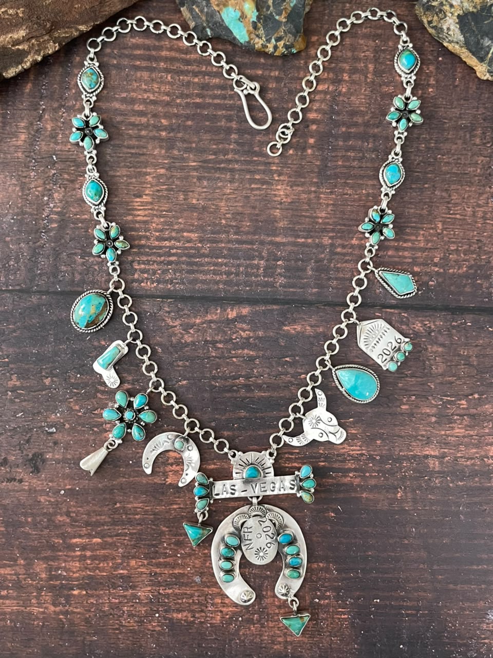 Handmade Sterling Silver Kingman Turquoise NFR Collection: Multi Charms Necklace Signed Nizhoni