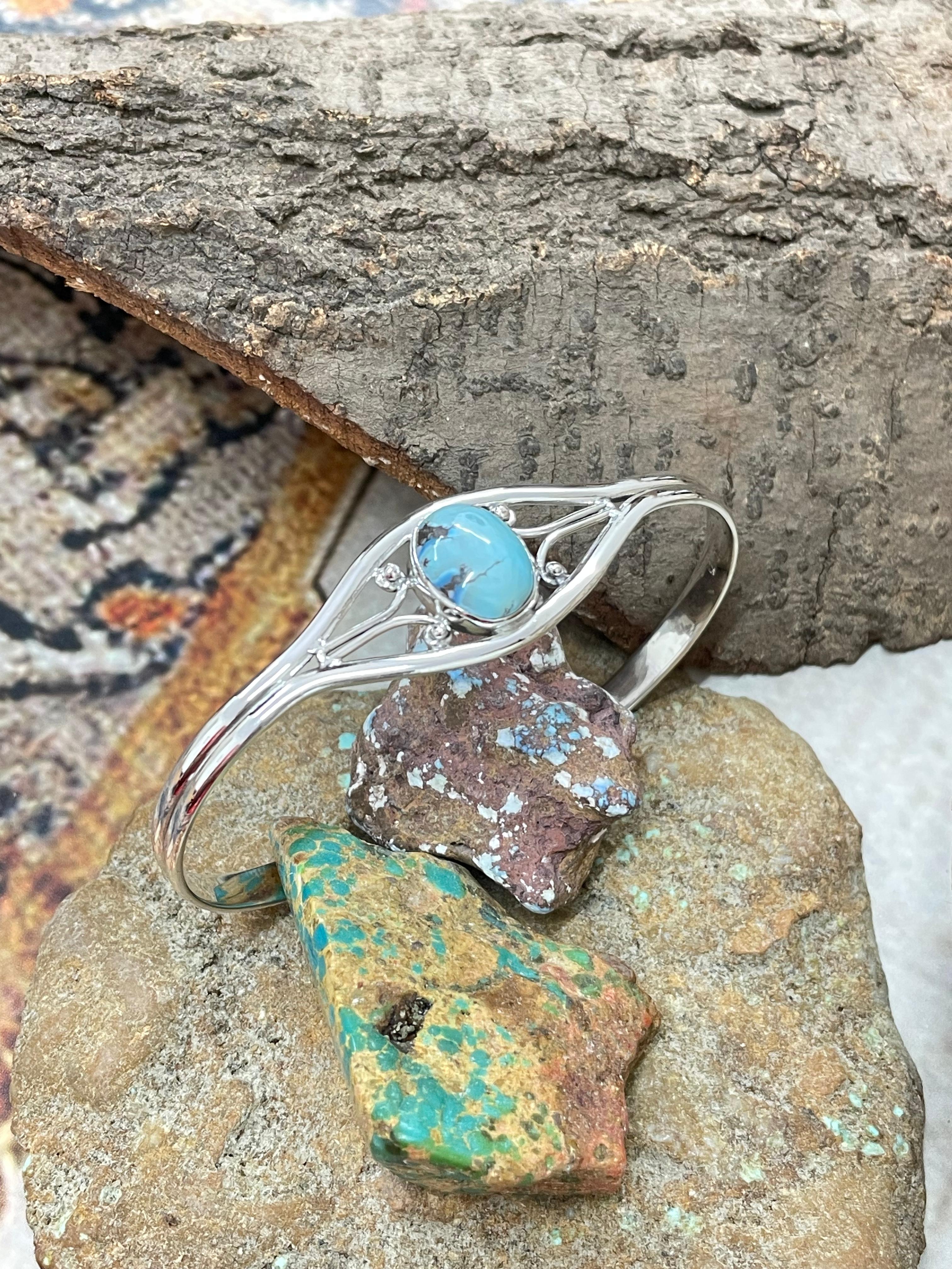 Handmade Sterling Silver Golden Hills Turquoise Cuff Bracelet with Signed Nizhoni