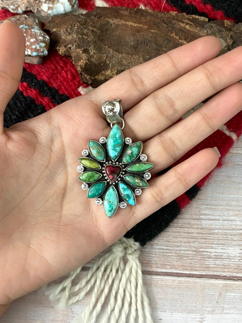 Handmade Sterling Silver Dahlia Rose with Emerald Valley Turquoise Pendant "Signed Nizhoni"