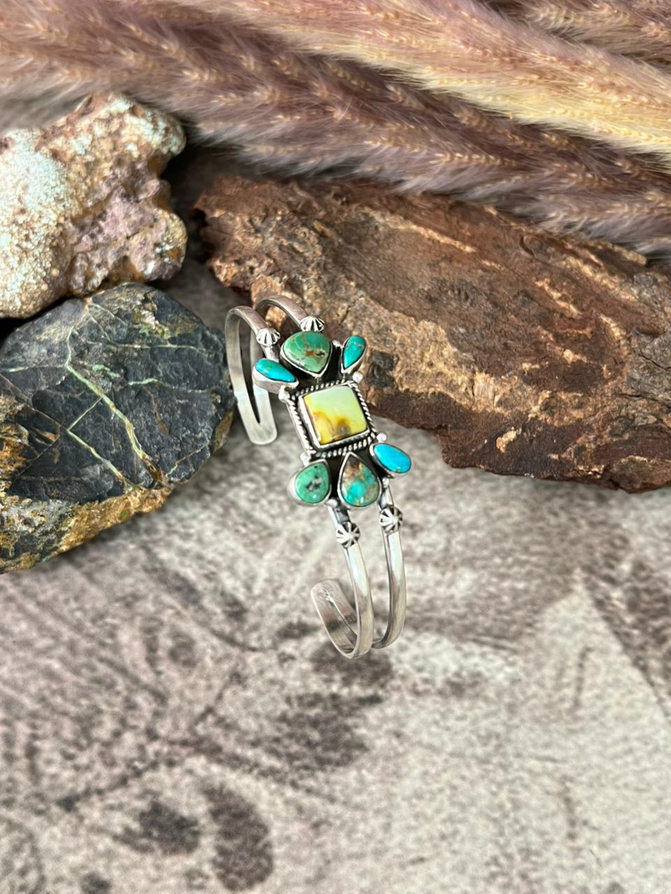 Handmade Sterling Silver Palomino with Emerlad Valley Turquoise Bracelet "Signed Nizhoni"