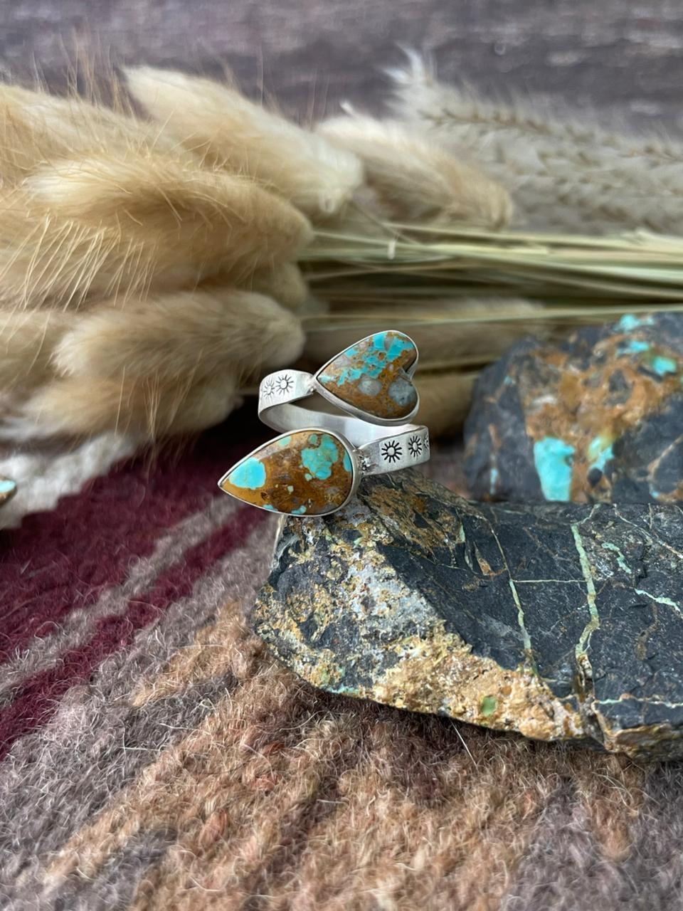 Handmade Sterling Silver Royston Ribbon Turquoise Adjusatble Ring "Signed Nizhoni"