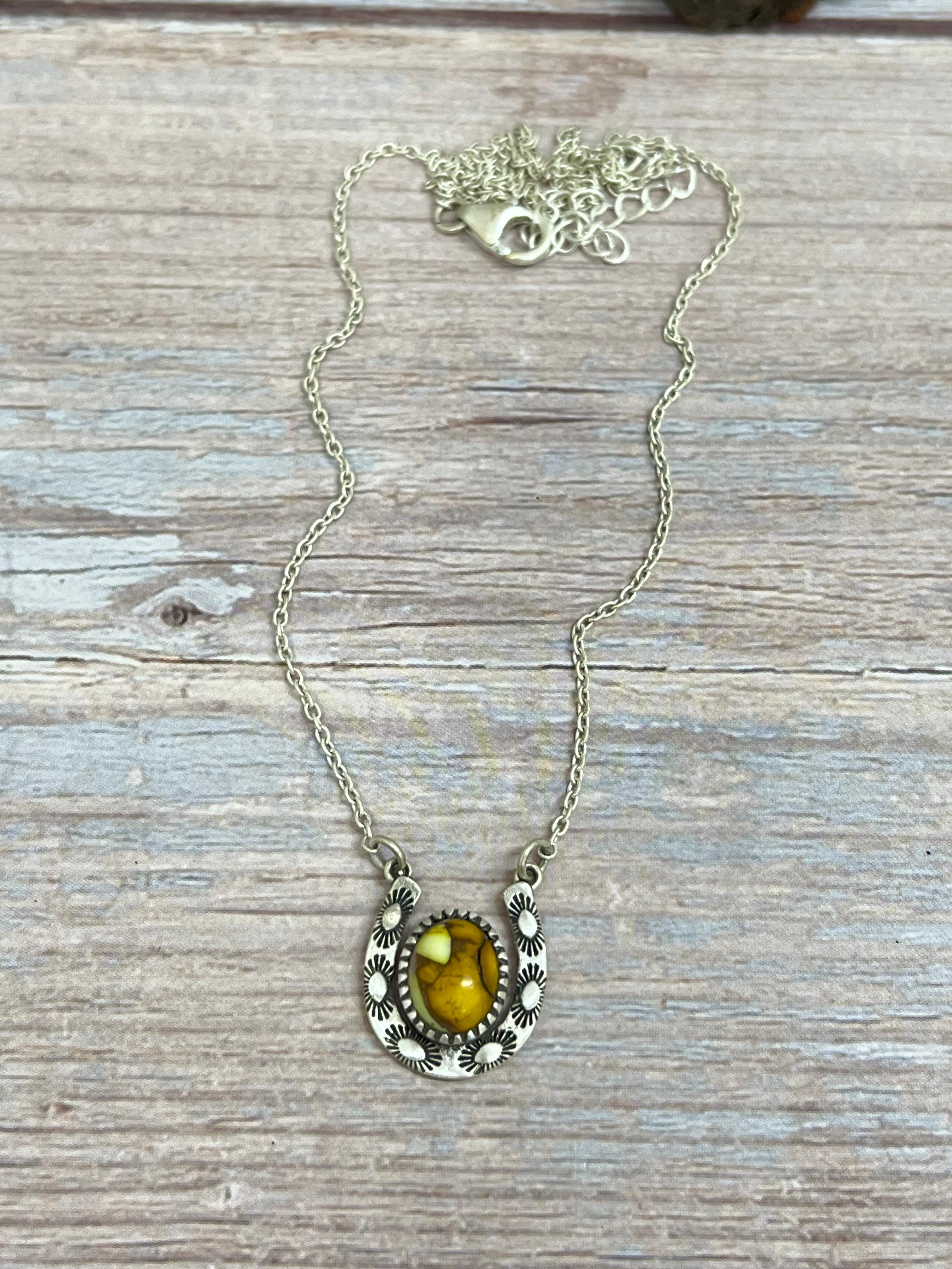 Handmade Sterling Silver Honey Dahlia Horse Shoe Necklace with Signed Nizhoni