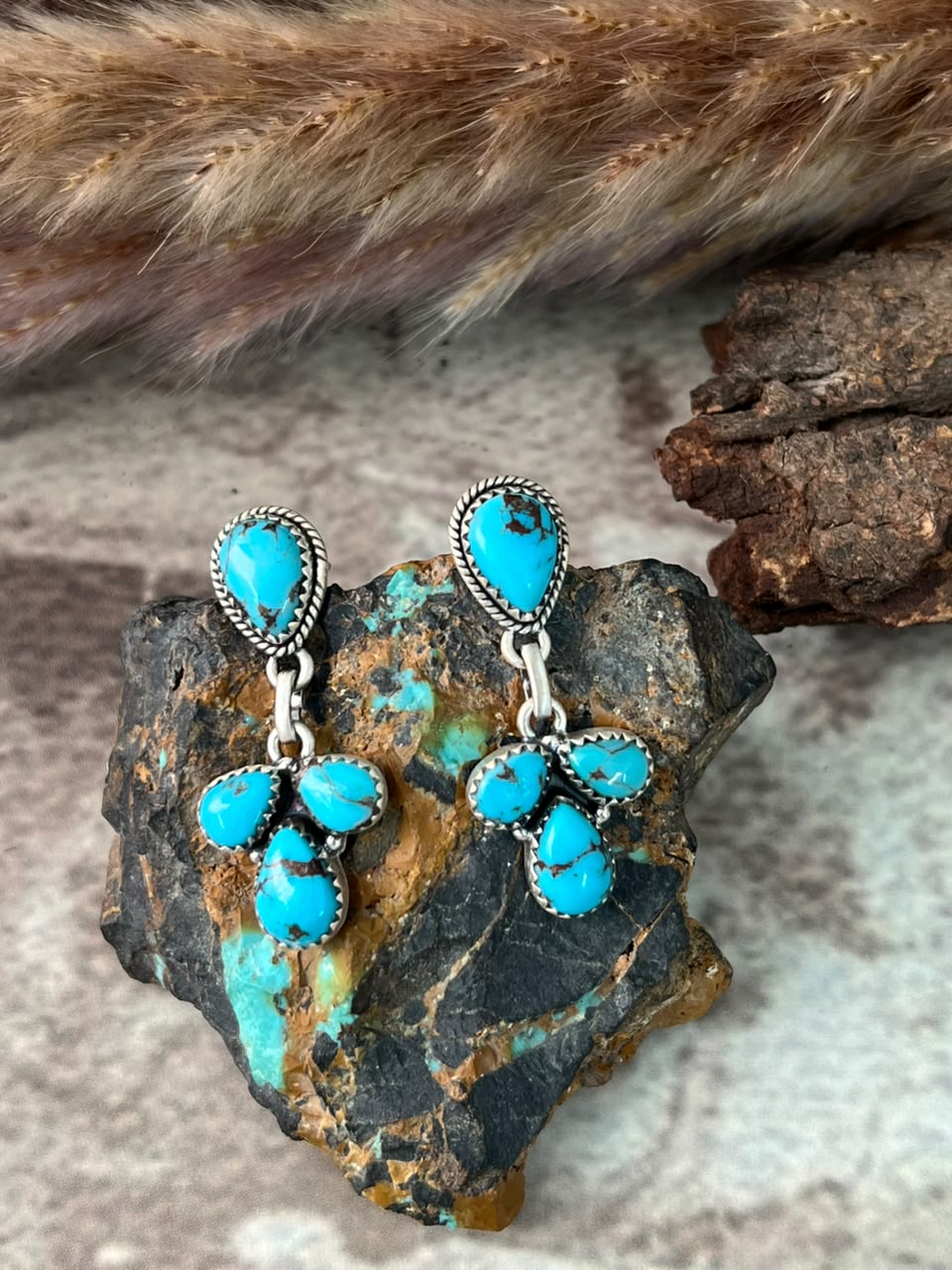 Handmade Sterling Silver Egyptian Turquoise Post Dangle Earrings Signed Nizhoni