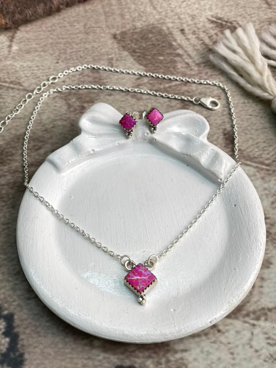 Handmade Sterling Silver Hot Pink Necklace Earrings Set "Signed Nizhoni"