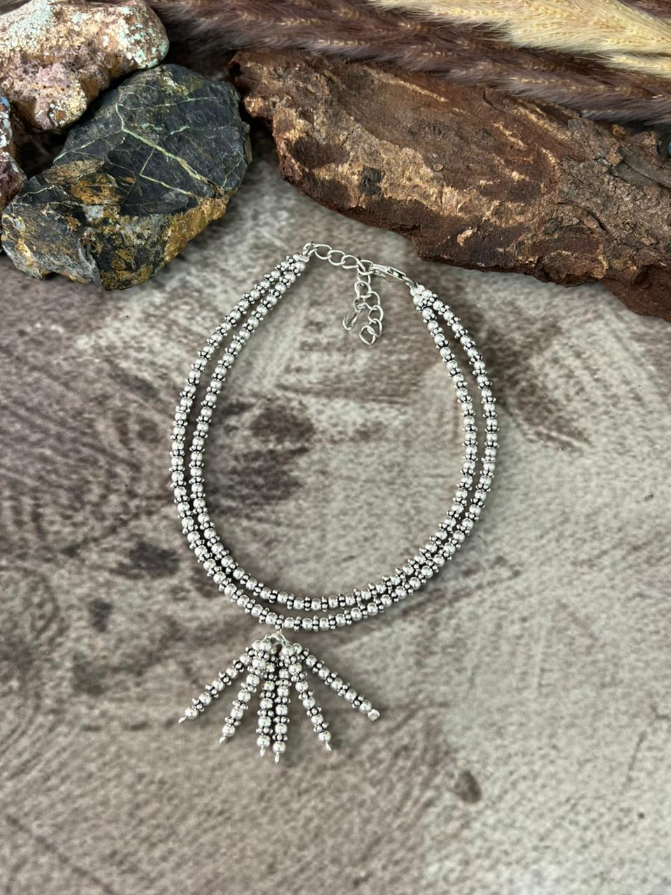 Handmade Sterling Silver Double Strand Beaded Anklet "Signed Nizhoni"