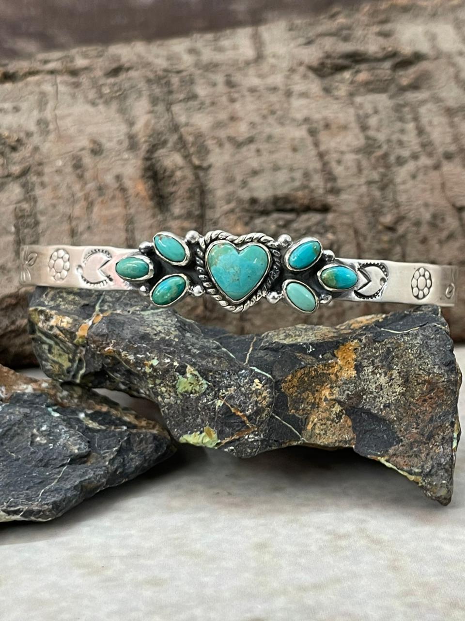 "Heart Collection" Handmade Sterling Silver Kingman Turquoise Bracelet "Signed Nizhoni"