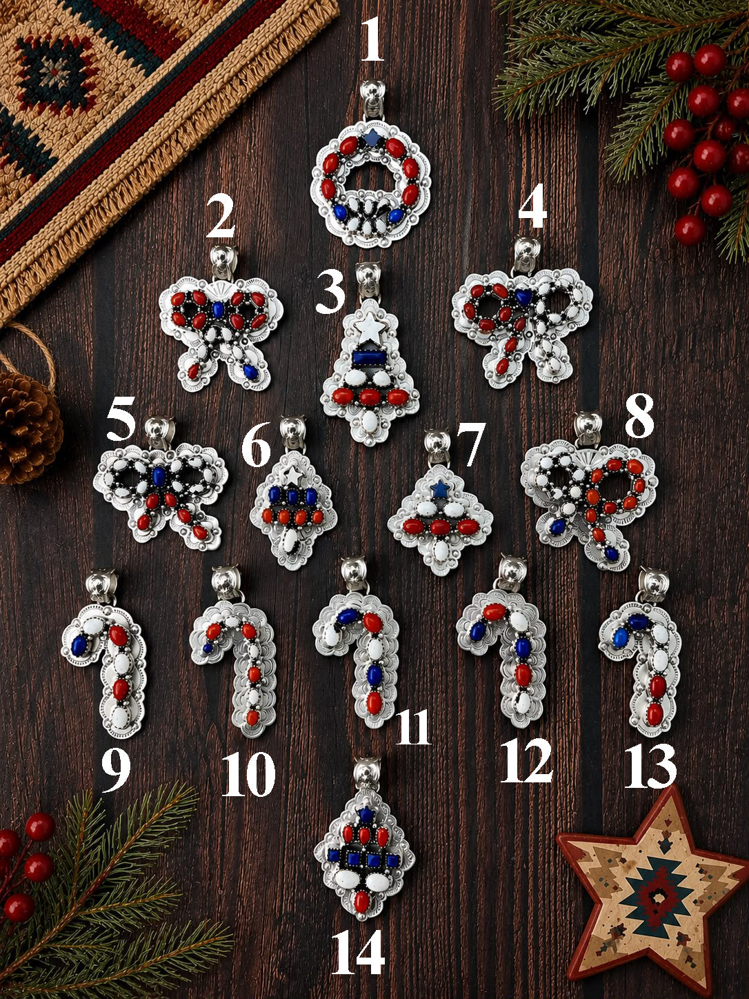 Handmade Sterling Silver Lapis with Coral and White Buffalo Christmas Ornaments Collection: Pendant Signed Nizhoni (2)