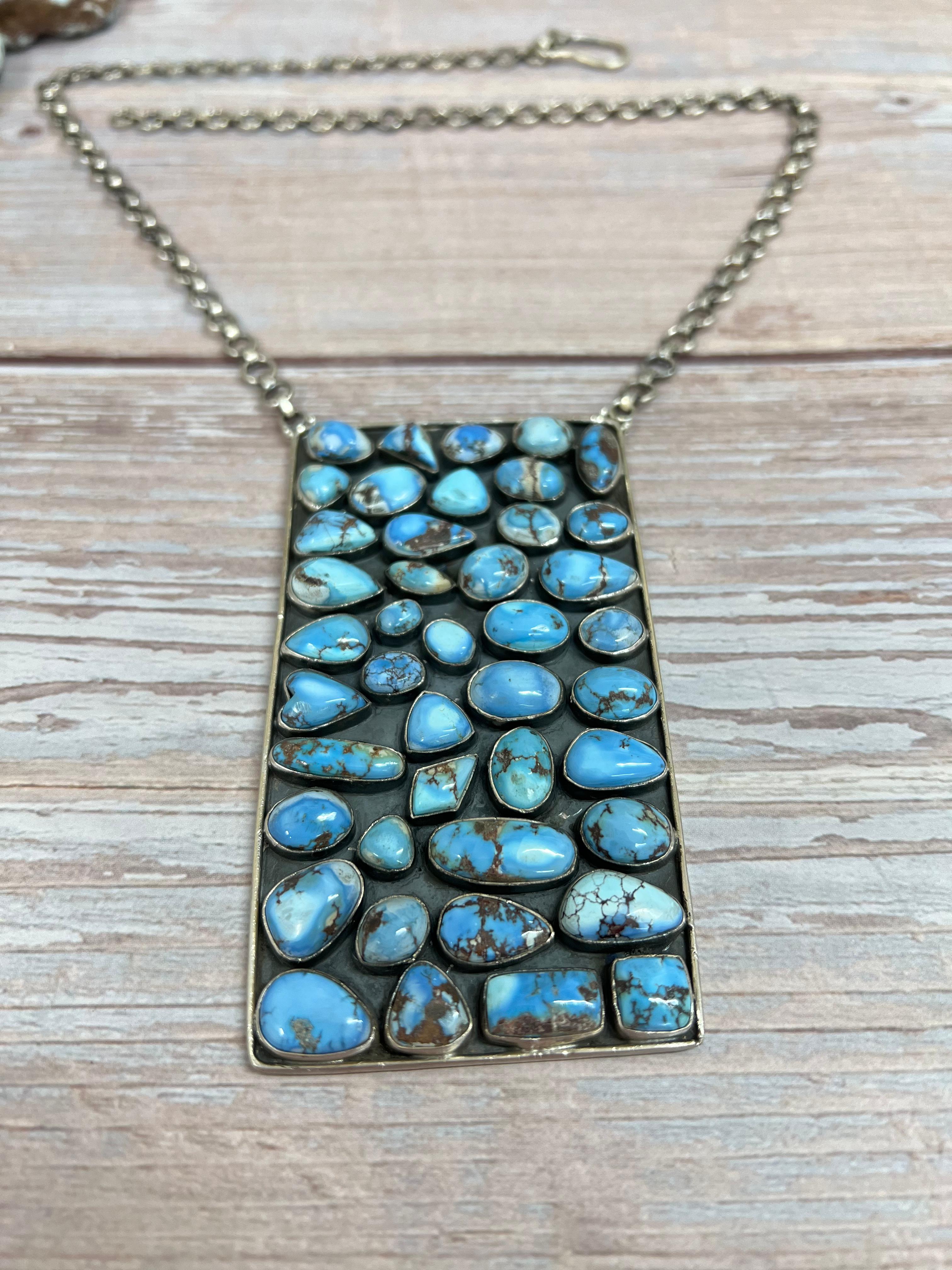 Handmade Sterling Silver Golden Hills Turquoise Necklace with Signed Nizhoni