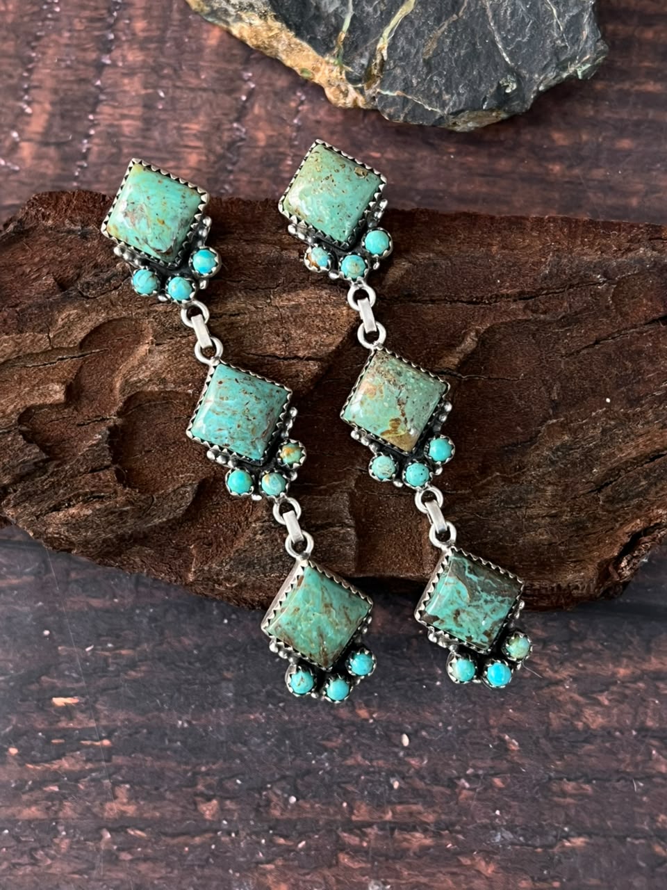 Handmade Sterling Silver Royston Turquoise Post Dangle Earrings Signed Nizhoni