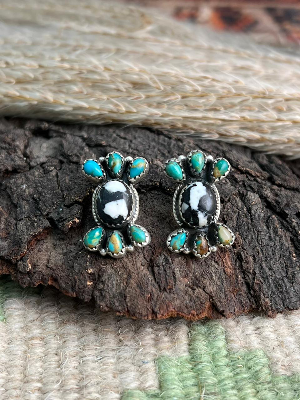 Handmade Sterling Silver White Buffalo with Kingman Turquoise Post Studs Earrings "Signed Nizhoni"