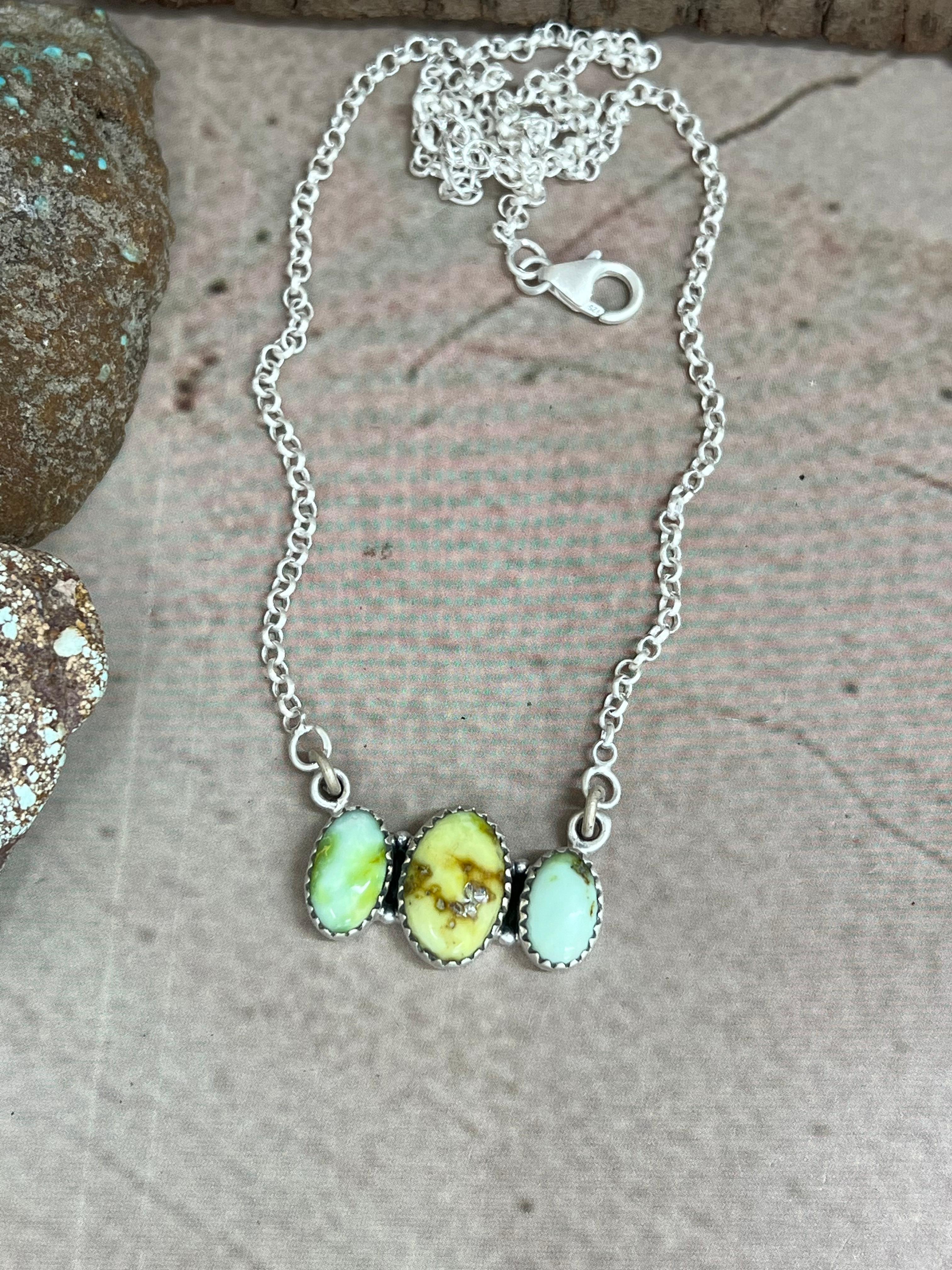 Handmade Sterling Silver Palomino Turquoise Necklace with Signed Nizhoni