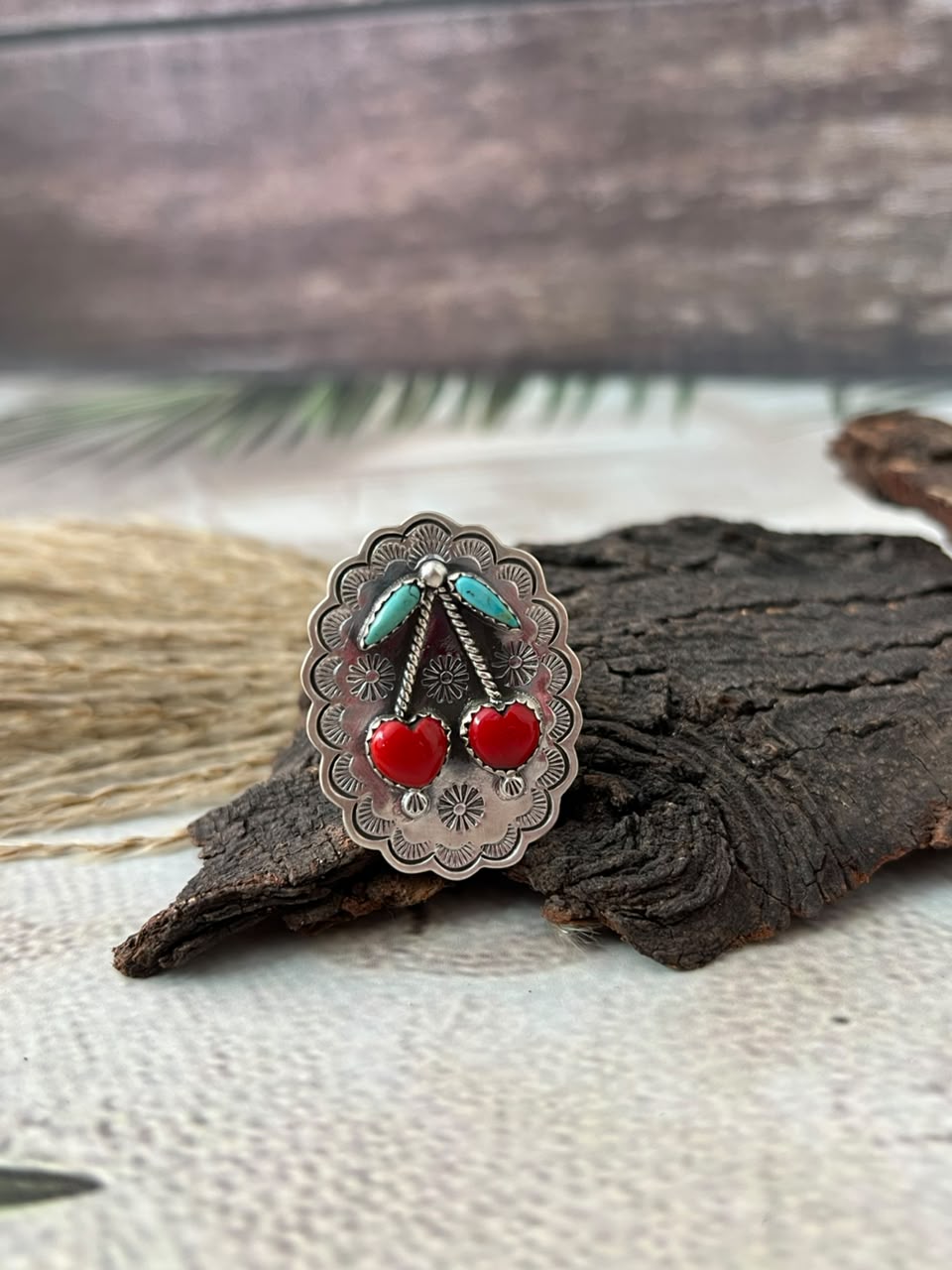 Handmade Sterling Silver Rosarita with Kingman Turquoise Cherry Adjustable Ring Signed Nizhoni