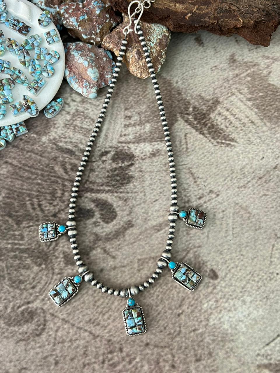 Handmade Sterling Silver 'Golden Hills Turquoise Cobble Collection' Beaded Necklace "Signed Nizhoni"
