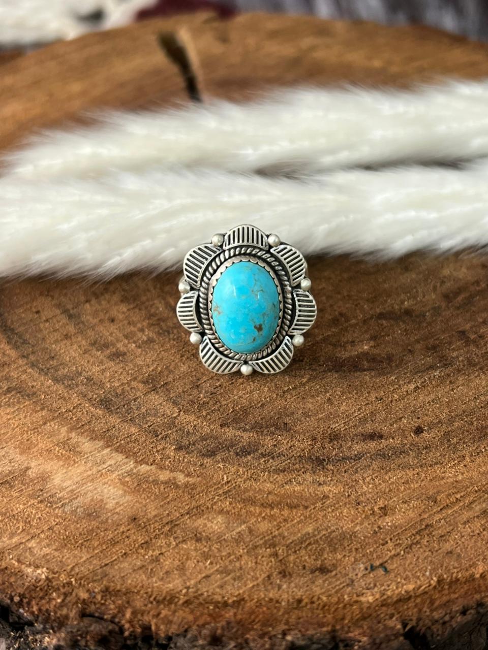 Handmade Sterling Silver Natural Blue Turquoise Adjustable Ring "Signed Nizhoni"