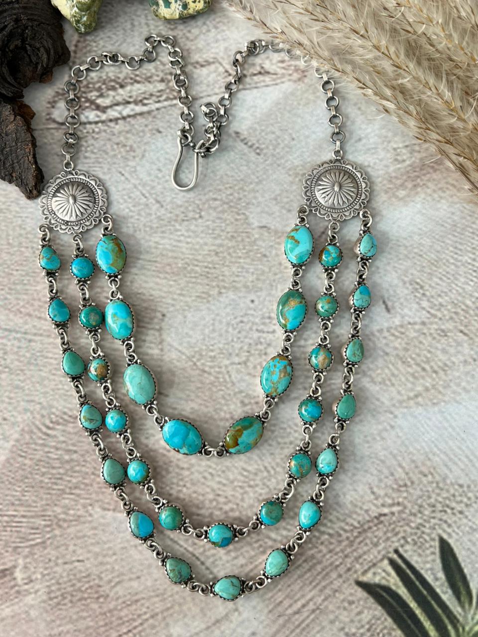 Handmade Sterling Silver Kingman Turquoise Layered Necklace "Signed Nizhoni"