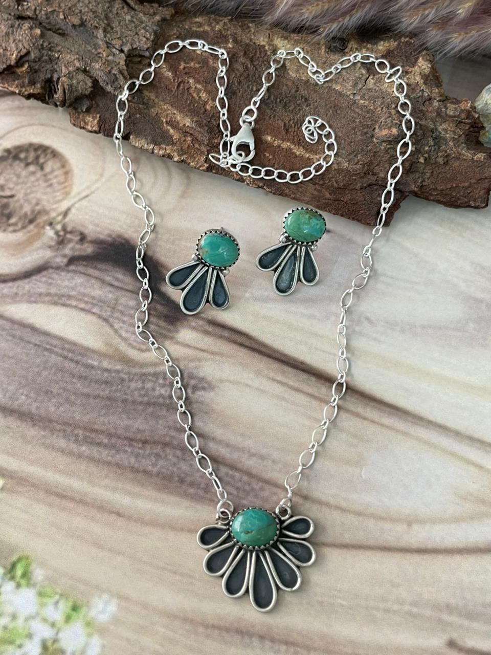 Handmade Sterling Silver Kingman Turquoise Necklace and Earrings Set Signed Nizhoni
