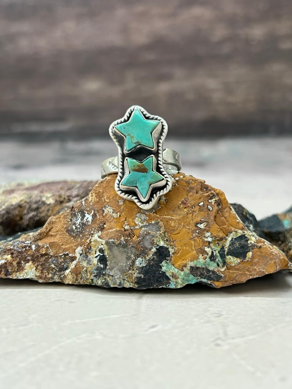 Handmade Sterling Silver Kingman Turquoise Star Adjustable Ring "Signed Nizhoni" (3)