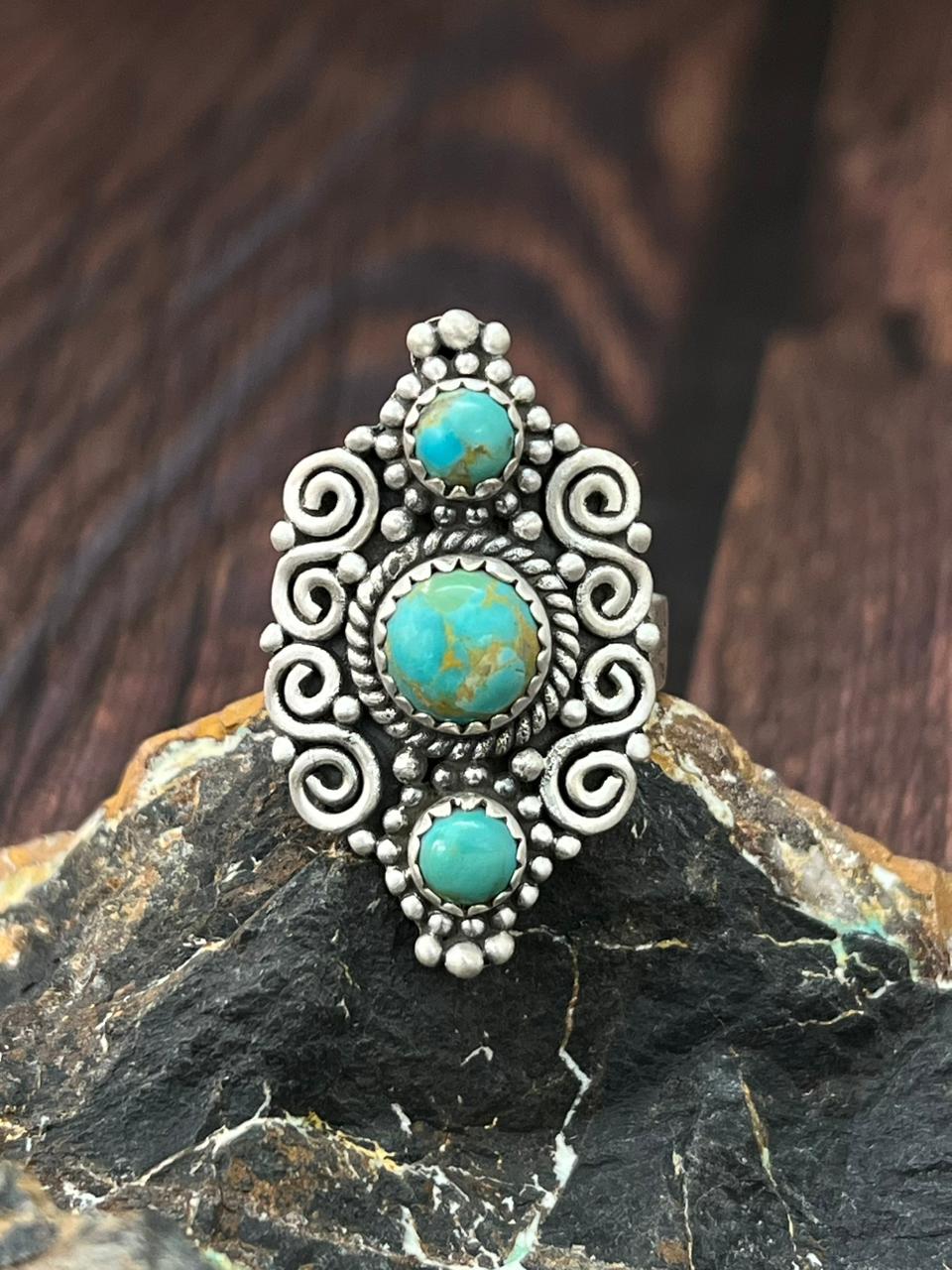 Handmade Sterling Silver Kingman Turquoise Adjustable Ring "Singed Nizhoni" (3)