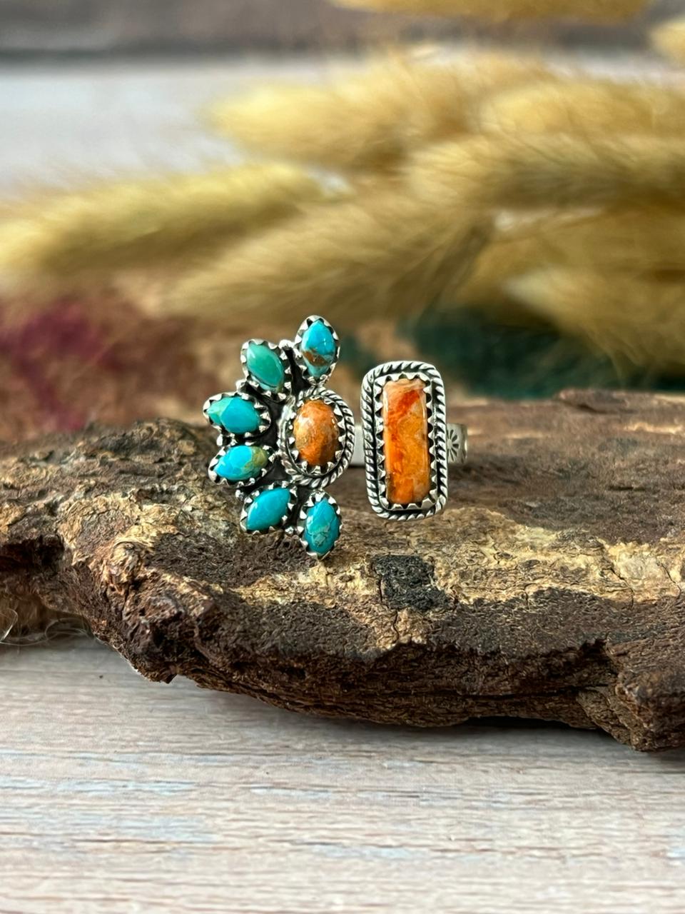 Handmade Sterling Silver Kingman Turquoise with Orange Mojave Adjustable Ring "Signed Nizhoni"