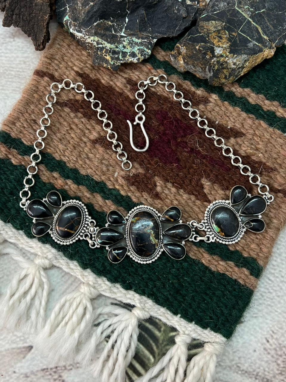 Handmade Sterling Silver Blackjack Turquoise Choker Necklace "Signed Nizhoni"