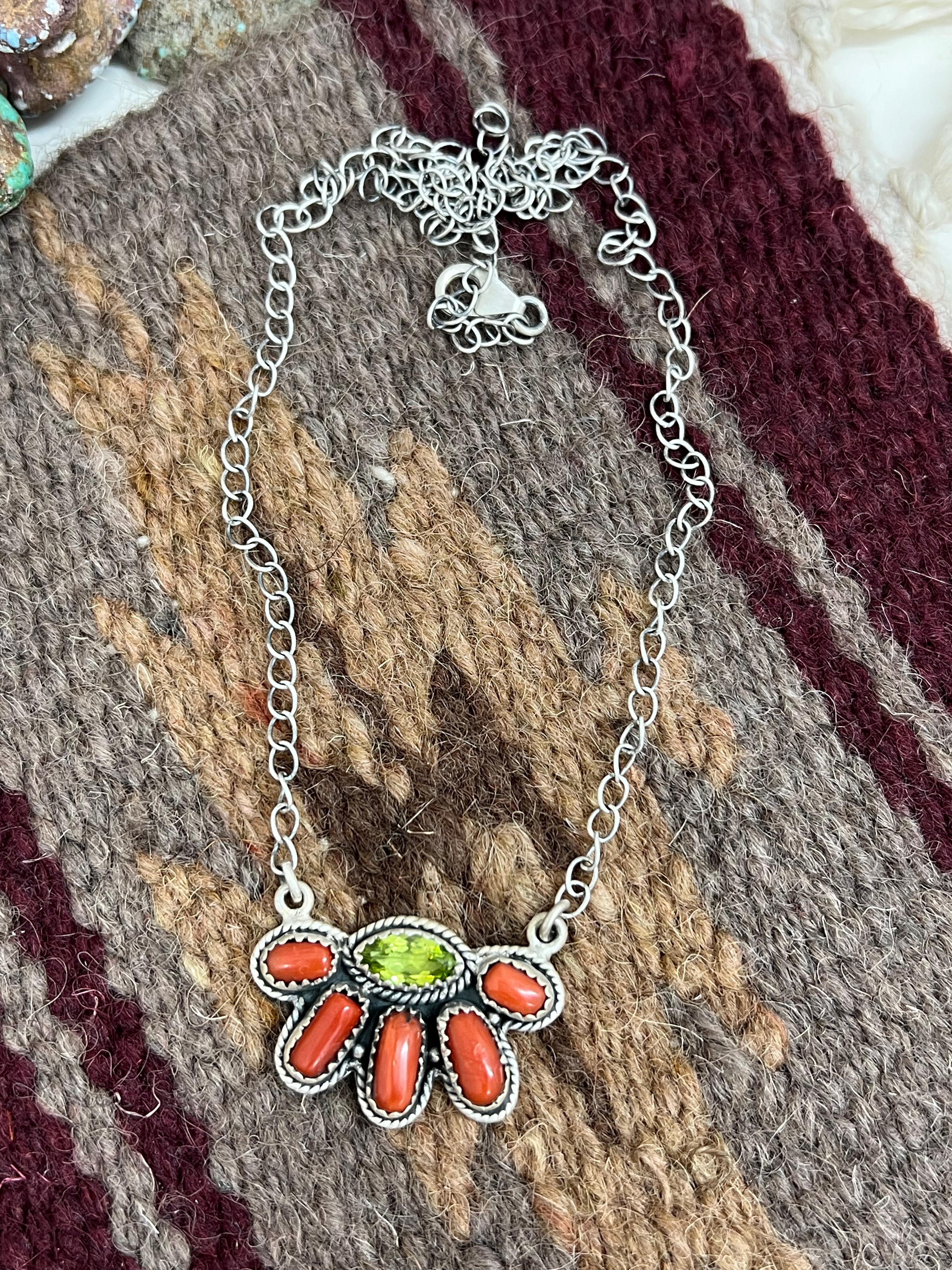 Christmas Collection Handmade Sterling Silver Coral with Peridot Necklace with Signed Nizhoni