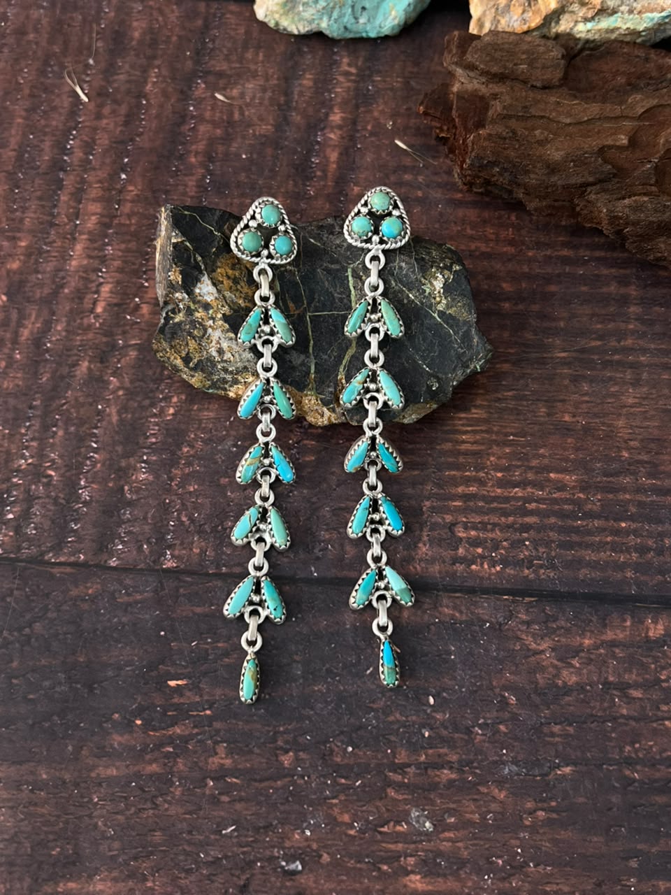 Handmade Sterling Silver Kingman Turquoise Post Dangle Earrings Signed Nizhoni