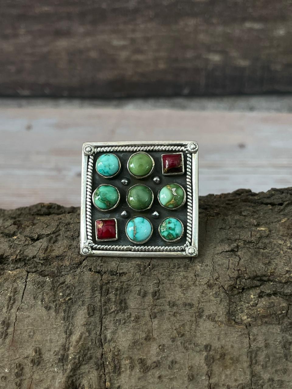 Handmade Sterling Silver Dahlia Rose With Emerald Valley Turquoise Ring "Signed Nizhoni"