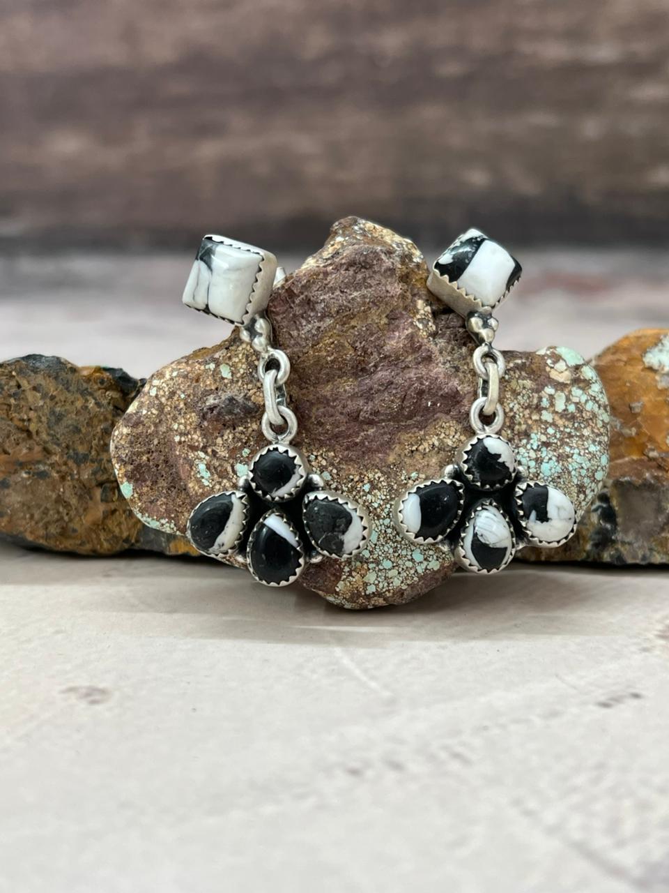 Handmade Sterling Silver White Buffalo Post Dangle Earrings "Signed Nizhoni"