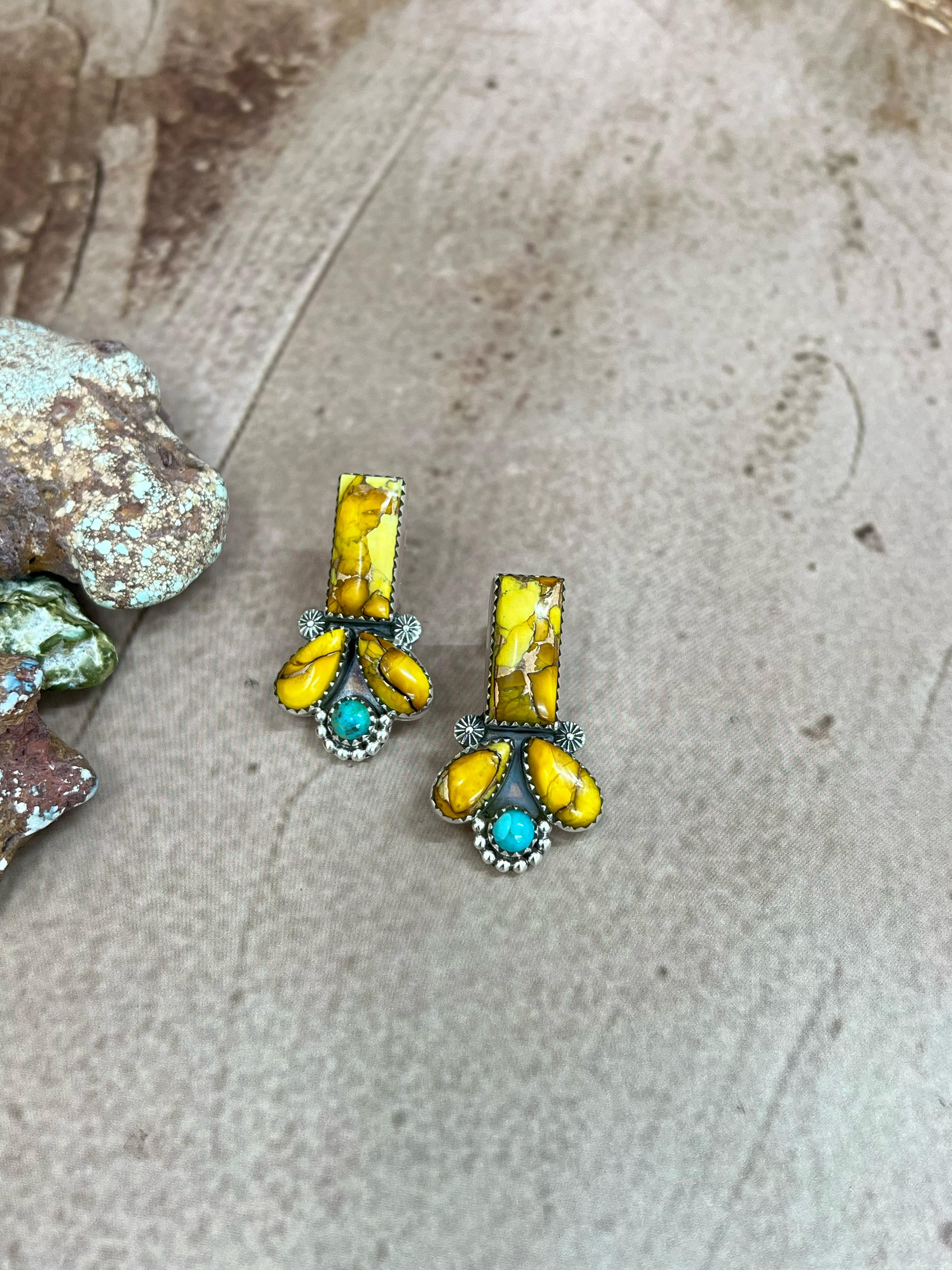 Handmade Sterling Silver Honey Dahlia with Kingman Turquoise Post Earrings with Signed Nizhoni (9)
