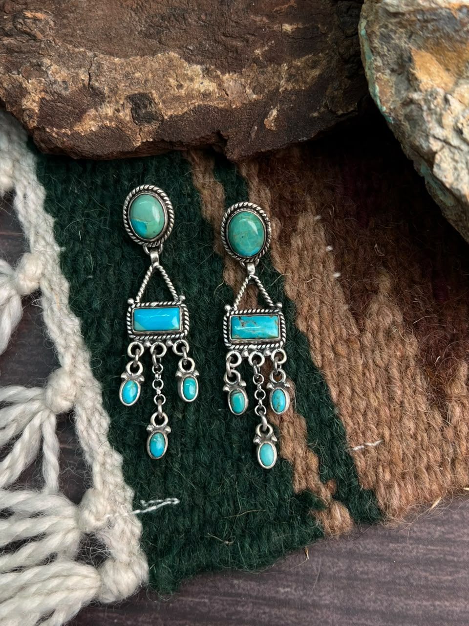 Handmade Sterling Silver Kingman Turquoise Post Dangle Earrings Signed Nizhoni