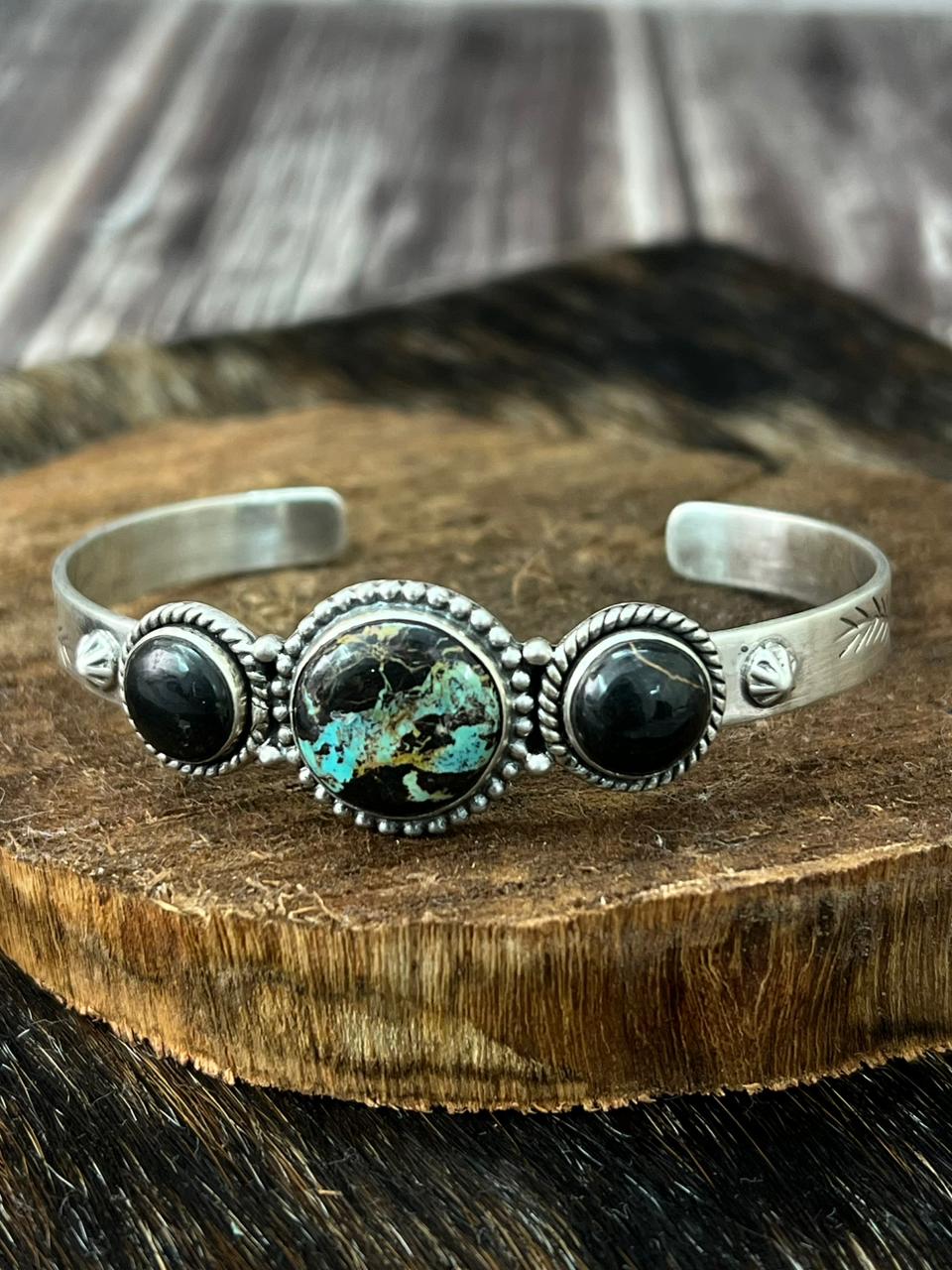 Handmade Sterling Silver Blackjack Turquoise Bracelet "Signed Nizhoni"