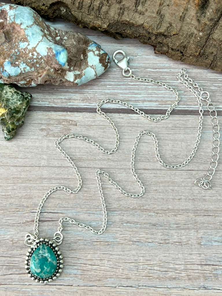 Handmade Sterling Silver White Water Turquoise Necklace with Signed Nizhoni