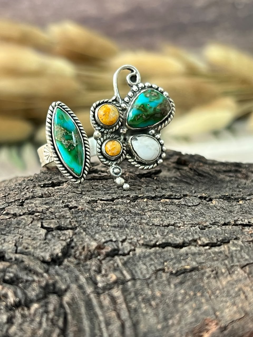 Handmade Sterling Silver Sonoran Mountain Turquoise with Bumblebee and White Buffalo Spring Collection: Butterfly Adjustable Ring Signed Nizhoni