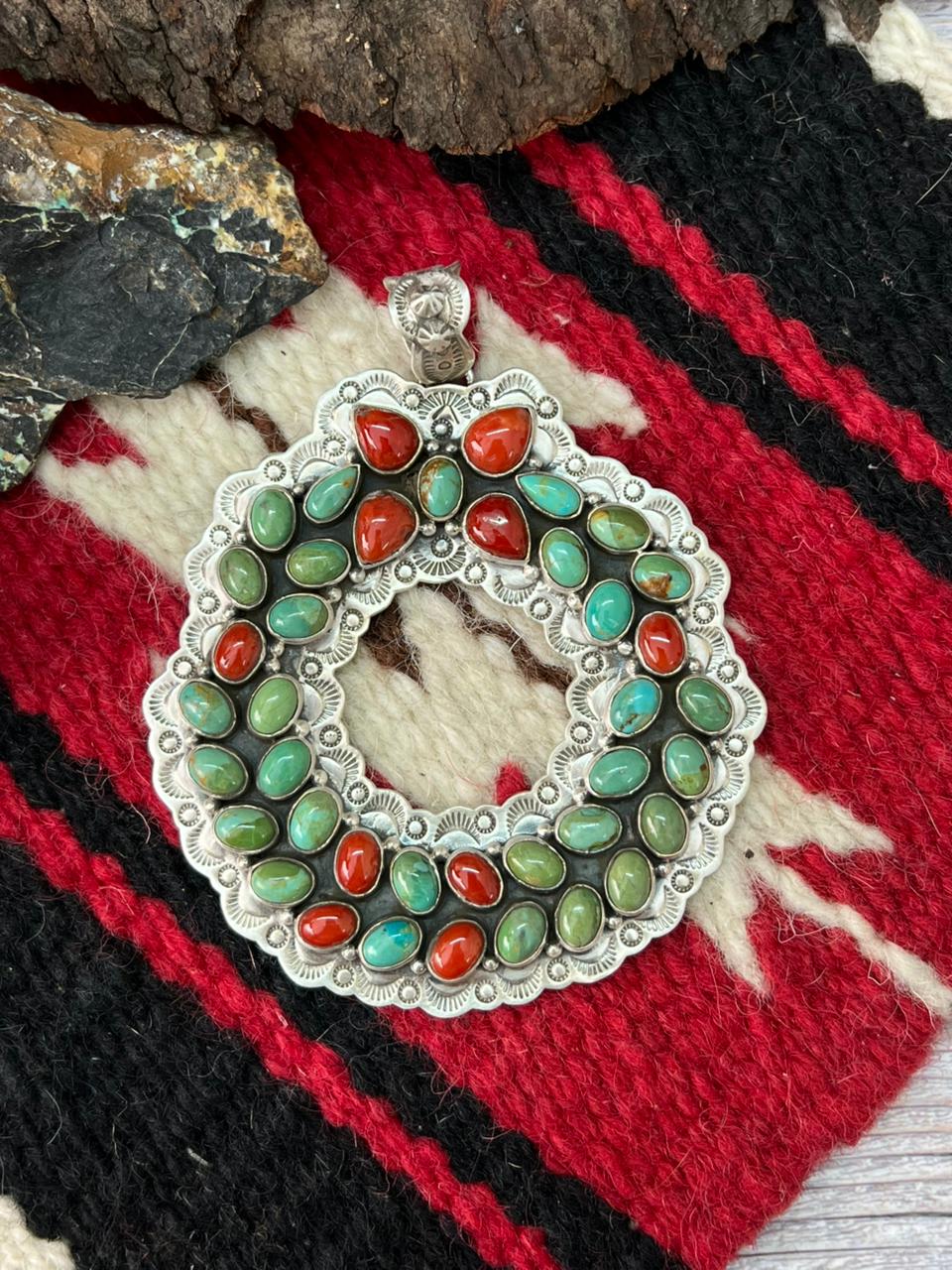 "Christmas Collection" Handmade Sterling Silver Kingman with Coral Pendant "Signed Nizhoni"