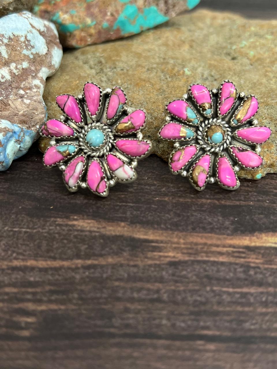 Handmade Sterling Silver Cotton Candy Turquoise Post Studs with Signed Nizhoni