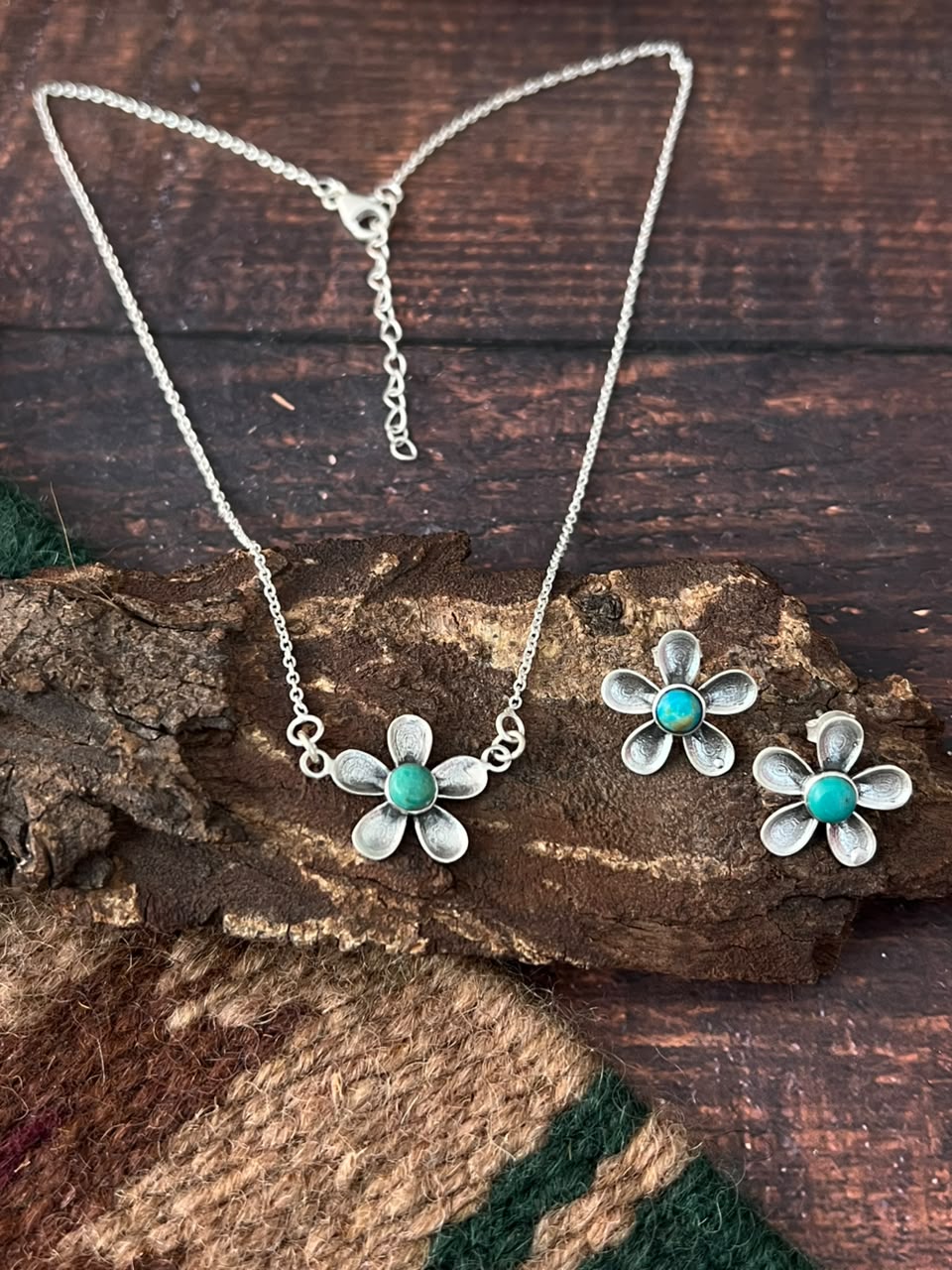 Handmade Sterling Silver Kingman Turquoise Necklace and Earrings Set Signed Nizhoni