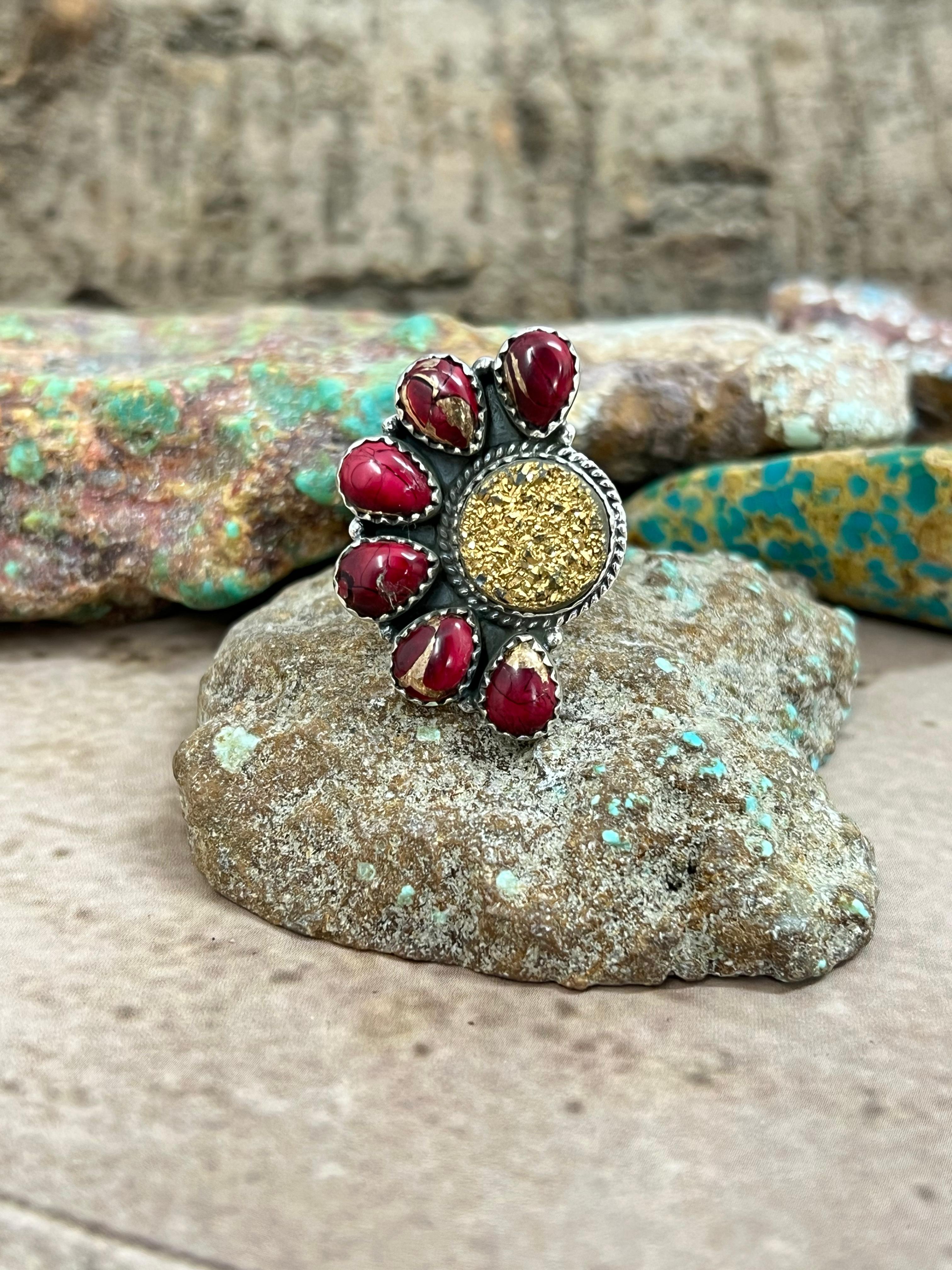 Handmade Sterling Silver Dahlia Rose with Druzy Adjustable Ring with Signed Nizhoni